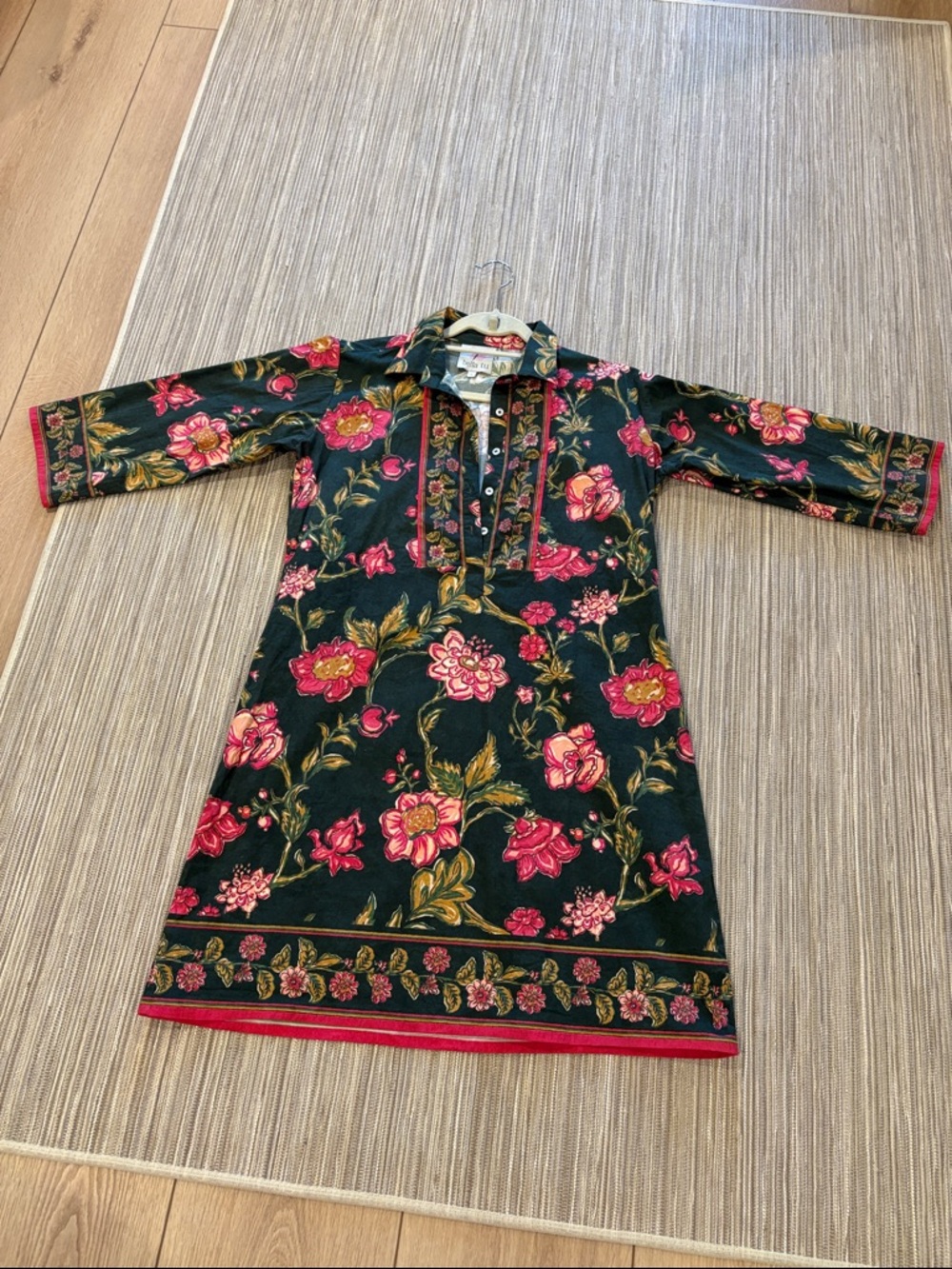 Womens Floral dress - Dark Green with Pink Flowers